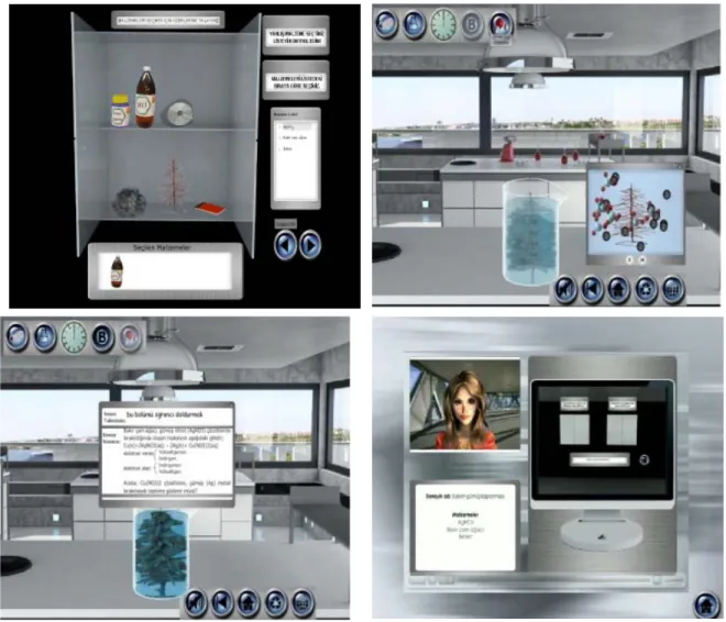Figure 1. Screenshots from the virtual chemistry laboratory software  The piloted VCL software is more advanced than that of previous studies in terms of the following: 