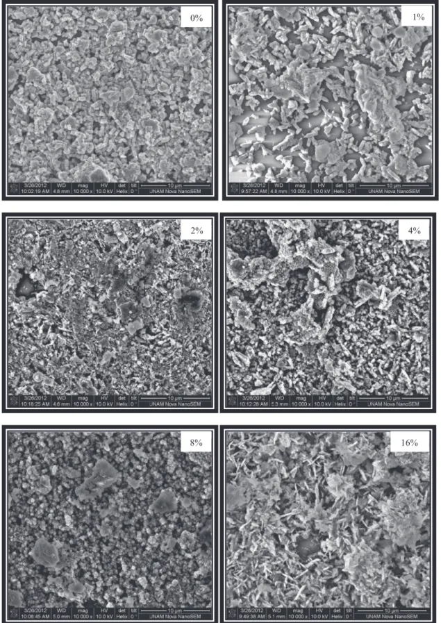 Fig. 1. SEM images of CdO ﬁlms which were growth in pure and coumarin added (coumarin content: 1%, 2%, 4%, 8% and 16%) baths.