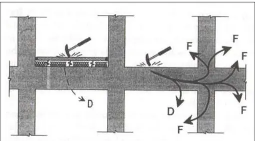 Figure 1.  Paths for impact sound in a concrete building (Harris, 1994.) The letter D in  the figure demonstrate the impact sound energy radiate through direct way, and the letter  F demonstrate the transmitted impact sound by flanking paths