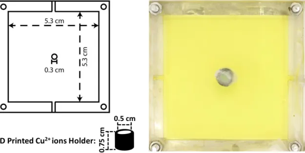 Figure 7: (Left) The dimensions of the mold for 2D gel sheets. The „top‟ side has a hole  of the diameter of 0.3 cm in the middle