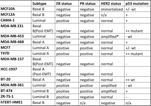 Table 1.2 Properties of Breast carcinoma cell lines. {* = amplified but not highly  expressed, n/a = not available, wt = wild type, ER = estrogen receptor, PR = 