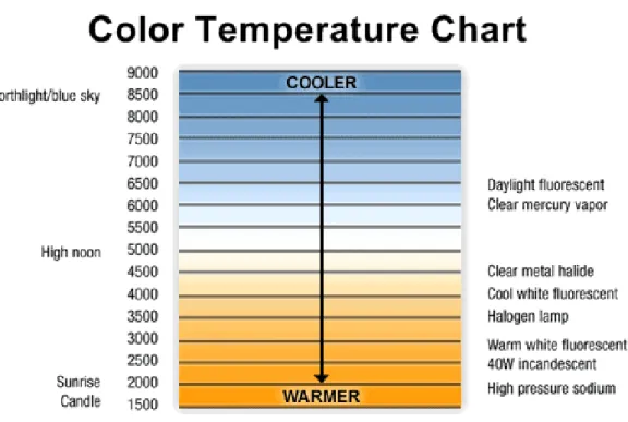 Figure 6: A chart showing the color temperature and artificial light sources  (Source: http://www.bulborama.com/lightingreferenceglossary-13.html)   