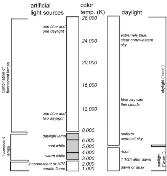 Figure 9: A chart shows color temperatures of artificial light sources and daylight