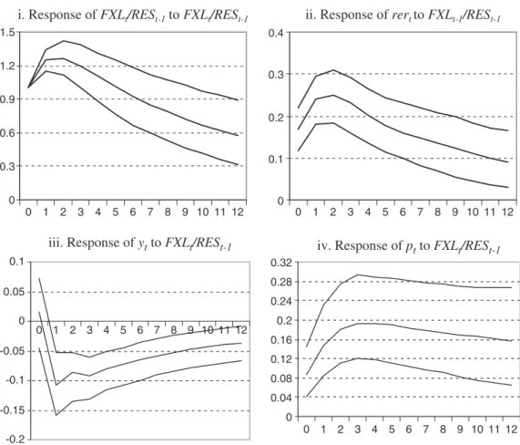 Figure 5 reports the impulse response functions of the foreign exchange rate liabilities to total reserves, the real exchange rate, output and prices