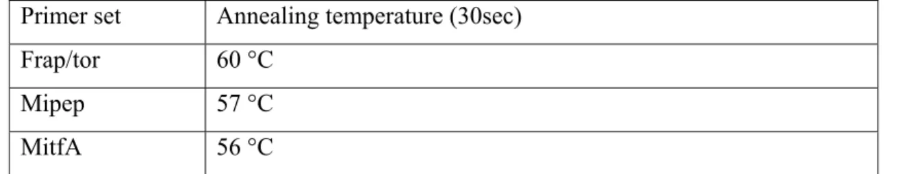 Table 3.3 Annealing temperatures optimized for the PCR reactions of the candidate  genes
