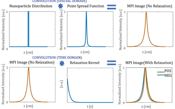 Figure 2.7: The effect of the relaxation phenomena on the MPI images [2] The direction of blurring changes with the scanning direction