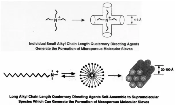 Figure 1.2. Formation of microporous and mesoporous molecular sieves by using short  and long alkyl chained quaternary ammonium salts [19]