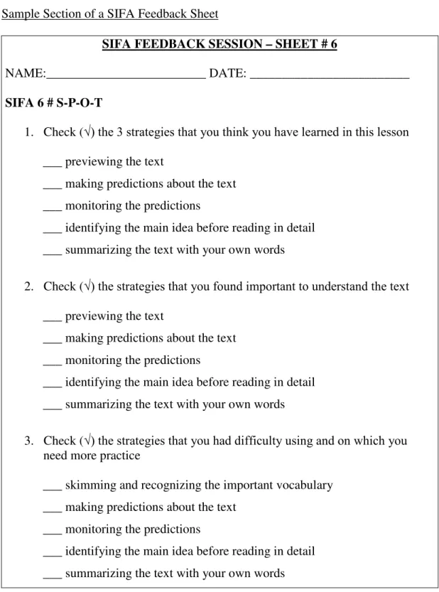Table 11 shows a sample section of a SIFA feedback sheet and its components.