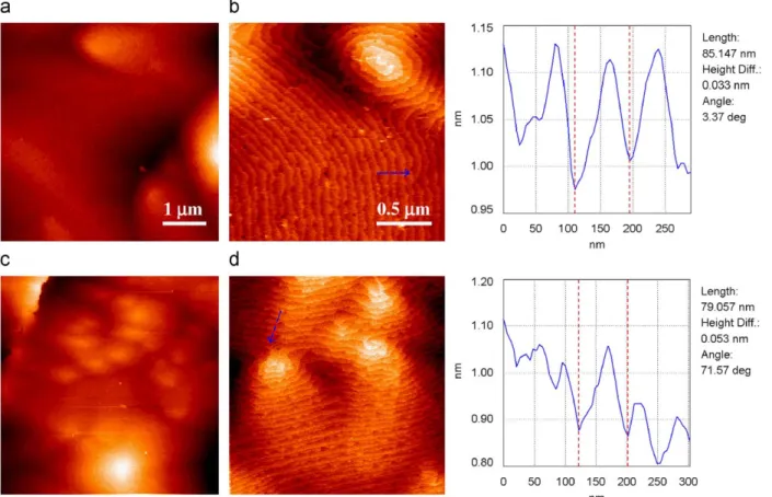 Fig. 1. AFM images with (a), (c) 5  5 m m 2 and (b), (d) 2  2 m m 2 scan area of as-grown samples A and B.