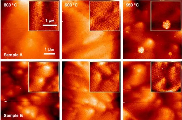 Fig. 2 shows AFM images with 5  5 and 2  2 m m 2 scan area of short-time annealed samples A and B from 800 until 950 1C