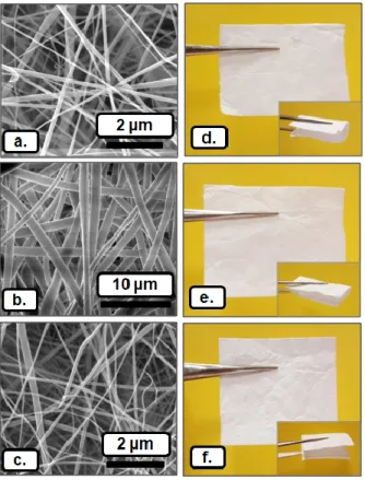 Figure 3. Scanning electron microscopy (SEM) images of electrospun nanofibers of (a) citral/HPβCD- citral/HPβCD-IC NF, (b) citral/HPγCD-citral/HPβCD-IC NF, and (c) citral/MβCD-citral/HPβCD-IC NF; the photographs of (d) citral/HPβCD- citral/HPβCD-IC-NF, (e)