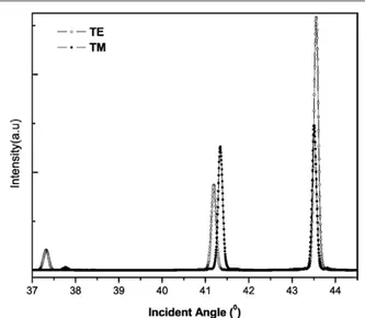 Figure 3. Detected intensity as a function of the coupling angle for both TE and TM modes.