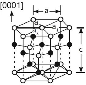 Figure 2. 3 Wurtzite crystal structure of GaN. Open circles indicate Ga atoms, closed  circles show N for Ga-face material