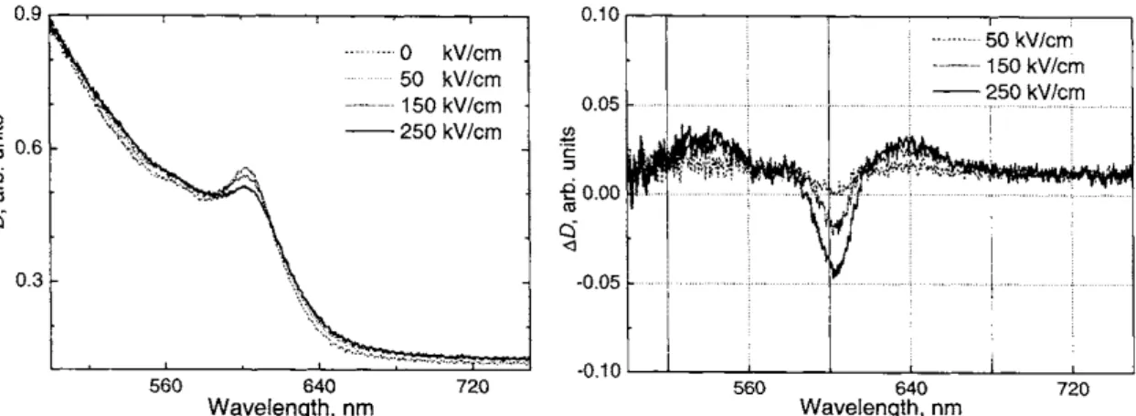 Figure 3.  Absorption  (D  =  19 loll)  and  differential  absorption  (M)  =  D- D()v)  spectra of CdSe/ZnS  nanorods ca