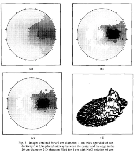 Fig.  5 .   Images obtained for  a  9-cm-diameter,  l-cm-thick  agar disk of  con-  ductivity 0.6  S/m  placed midway between the center and the edge in the  26-cm-diameter 2-D phantom filled for  1 cm with NaCl  solution  of  con-  ductivity  0.21  S/m