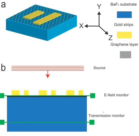 Figure 3.2: Schematic of simulation setup. (a) 3D view of PIT device, BaF 2 is used as transparent substrate with a graphene layer and Au strips on top of graphene