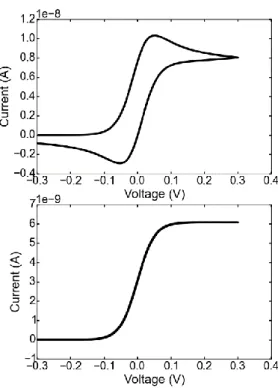 Figure  1.  9  The  surface  concentrations  of  the  electroactive  species  under  transient  conditions (top) and under steady state conditions (bottom) at the peak potential