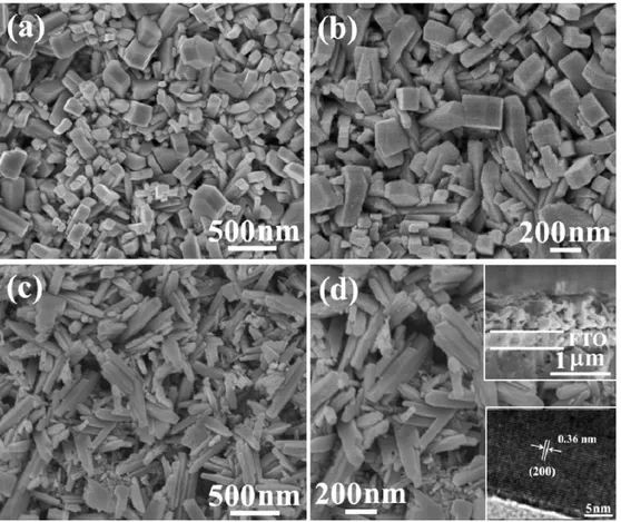 Fig. 3. FESEM images of (a) and (b) the nanobrick 3WO 3 ·H 2 O thin ﬁlm grown without CH 3 COONH 4 ; and (c) and (d) nanostick/nanoparticle ﬁlm with CH 3 COONH 4 