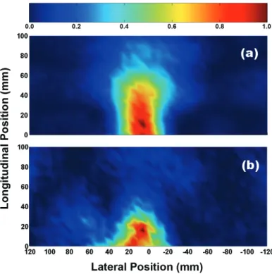 Figure 3. The spatial intensity distribution of the outgoing EM waves from the sources located inside the (a) fifth layer and (b) seventh layer of the LHM slab lens at 3.89 GHz.