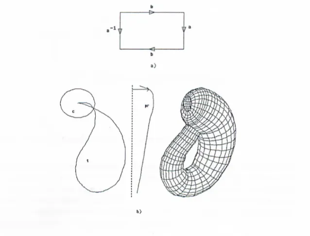 Figure  6b  shows  the  curve  representation  of  a  Klein  bottle^  in  Tb.  The  contour  curve  c  is  scaled  by  the  help  of  the  profile  curve  pr  while  it  is  swept  along  the  trajectory  curve  t.