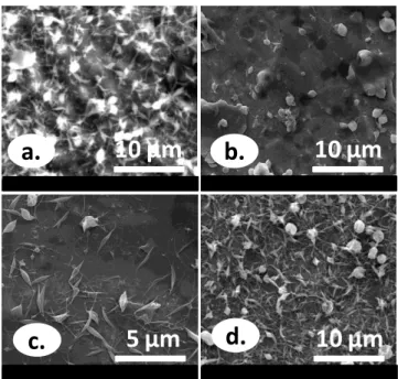 Figure  10.  SEM  images  of  electrospun  (a)  3%  (w/v)  HPC;  (b)  3%  (w/v)  HPC  and  1%  (w/v)  Triton  X-100,  (c)  3.5%  (w/v)  HPC  and  1%  (w/v)  Triton  X-100,  (d) 4% (w/v) HPC and 1% (w/v) Triton X-100 solutions in aqueous solution