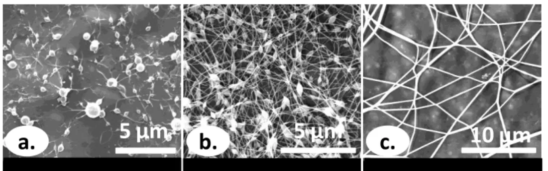 Figure  13.  SEM  images  of  electrospun  CMC/PEO  solutions  at  1:1  ratio  with  different total polymer concentrations: (a) 2%, (b) 3%, (c) 4% (w/v)