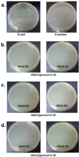 Fig. 9 The antioxidant (AO) activity (%) of geraniol, HPbCD-NF, MbCD-NF, HPgCD-NF, HPbCD/geraniol –IC-NF,  MbCD/geraniol–IC-NF, and HPgCD/geraniol –IC-NF and the photographs of DPPH  solu-tions in which geraniol, HPbCD-NF, MbCD-NF, HPgCD-NF, HPbCD/