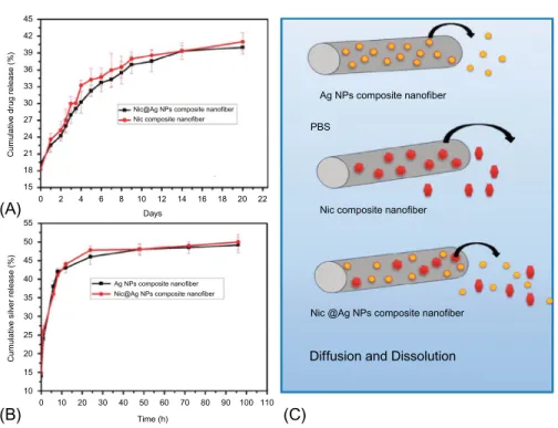 Fig. 1.5 (A) Cumulative drug release profile of the drug released from the drug alone and the nic@Ag NP composite nanofiber