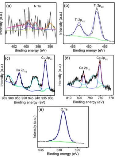 Figure 5. The X-ray diffractograms of TiO 2 NFs, NT NFs, CuNT NFs, CoNT NFs and CuCoNT NFs.a