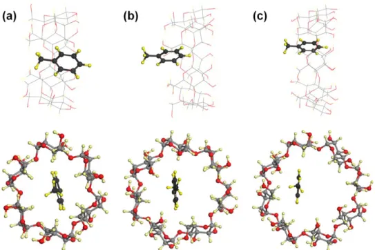 Figure 9. Side and top view of optimized structures of two toluene molecules and (a) a-, (b) b-, (c) c-CD IC (2 : 1)