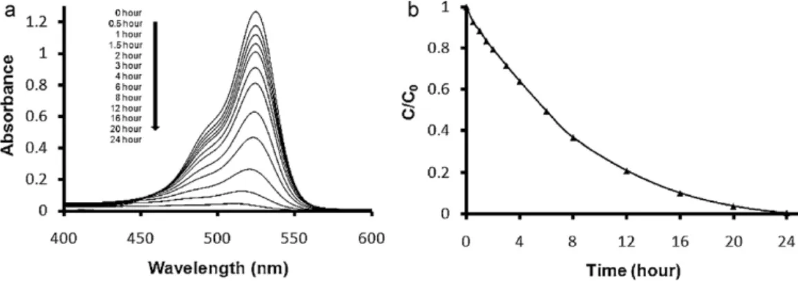 Fig. 5. The UV–vis spectrum of the Rh-6G solution containing PET-NF/TiO 2 -SNF (a) as a function of the UV irradiation time, (b) the rate (C/C 0 ) of Rh-6G degradation