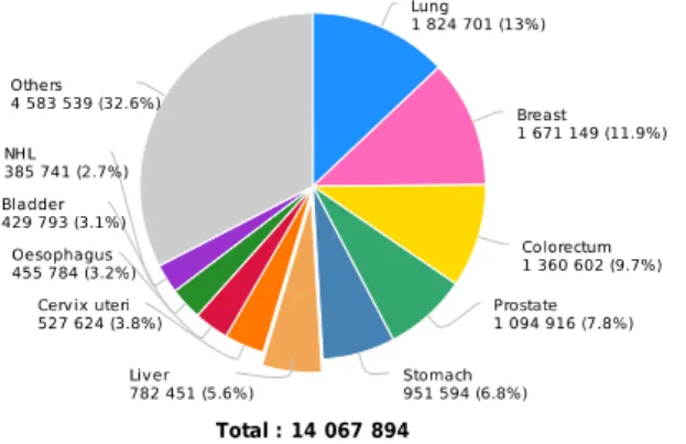 Figure 1.1: Estimated cancer cases worldwide, divided according to the cancer type. Graph taken  from Ref 2