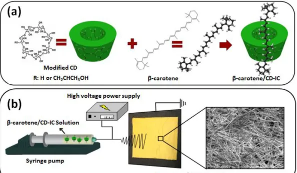 Figure 37. (a) Molecular structure of β-carotene and HPβCD (note: HPγCD has a  similar  chemical  structure  with  eight  glucopyranose units), and illustration of  carotene/CD-IC  formation,  (b)  electrospinning  process  of  NFs  from   β-carotene/CD-IC