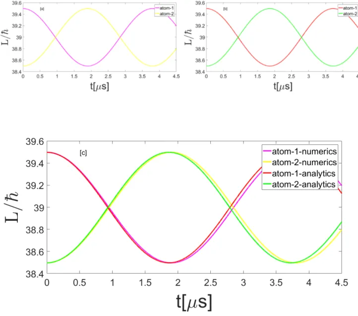 Figure 4.2: Comparison between quantum mechanical results of angular mo- mo-mentum transfer using Rydberg atoms separated by R=10µm in |n, l, mi →