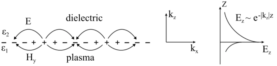 Figure 2.2: The charges and the electromagnetic field of SPs propagating on a surface in the x direction are shown schematically