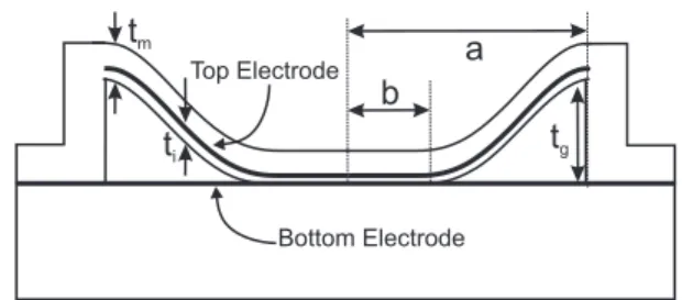 Fig. 1. Cross section of a collapsed clamped circular membrane with radius a, thickness t m and gap height of t g 