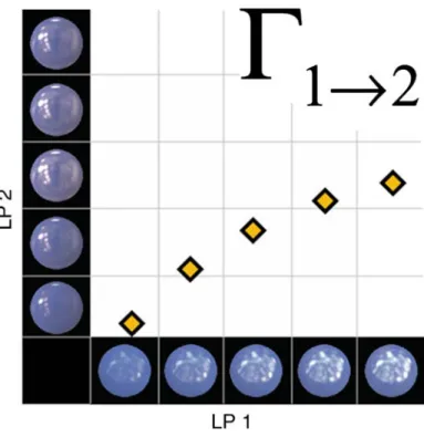 Figure 2. An illustration of the glossiness transfer function * for two light probes. Yellow diamonds represent points of perceived equal glossiness.
