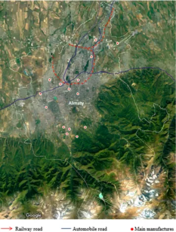Fig. 1 Almaty Google map. Almaty is located in the valley of big and small Almatinka rivers at the foot of Trans-Ili Alatau mountains.