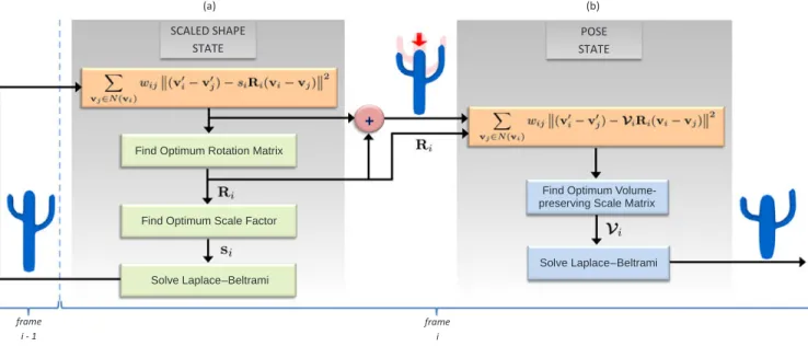 Figure 4: Our surface-deformation approach consists of two states. (a) In the preliminary scaled-shape state, overlapping cells covering the mesh surface are rotated and scaled uniformly to satisfy the given constraints