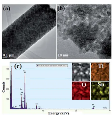 Fig. 2 (a) TEM image of a single nano ﬁber composed of STNF, (b) a higher magni ﬁcation TEM and (c) EDX spectrum and elemental mapping images of TEM micrographs for STNF.