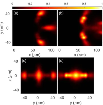 Figure 4. Spatial distribution of the (p, m)-excitation at t = 92.9 s. m Shown is the x–y column density, segregated by magnetic quantum numbers: (a) m = - 1, r exc, 1 - ( x y t, , ) , (b) m=0, r exc,0 ( x y t, , ) and (c) m=1, r exc,1 ( x y t, , ) ,s