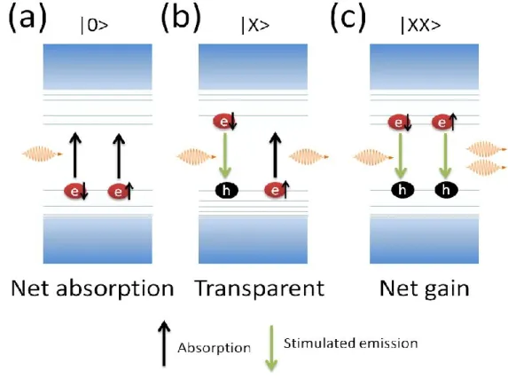 Figure 2.18. Quantum dots in three different states: (a)  Ground state (|0&gt;), (b) single  exciton state (|X&gt;) and (c) biexciton state (|XX&gt;)