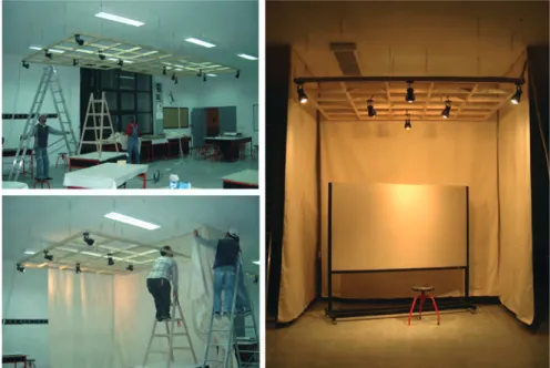 Figure 1. The mock-up application; Left  top and bottom: Construction process of  the mock-up application; right: one of the  two design spaces defined by the mock-up  enclosure (2 x 3 x 3.5 meters).