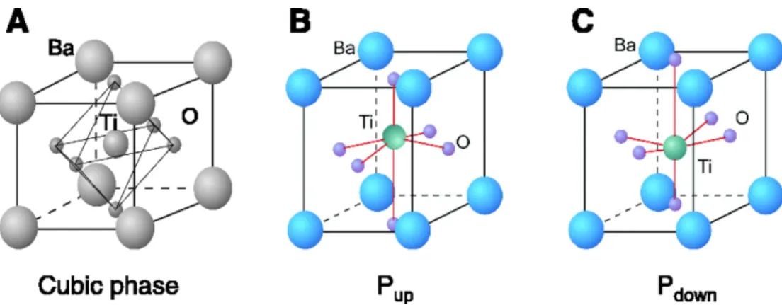 Figure 2.4: The crystal lattice structure of Barium Titanate (a) cubic phase at high temperatures (b) tetragonal phase at room temperature with up polarization vector (c) tetragonal phase at room temperature with down polarization vector