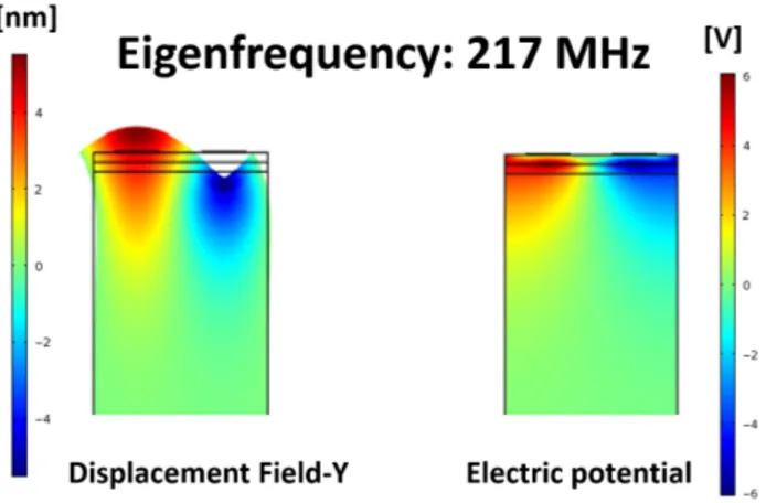 Figure 3.4: Displacement field and electric potential of eigenfrequency at 217MHz