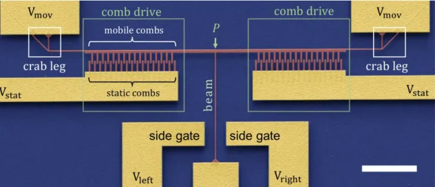 Figure 2.1: System elements. Comb drive, crab legs, beam and side gates are showed with the input voltages of the system