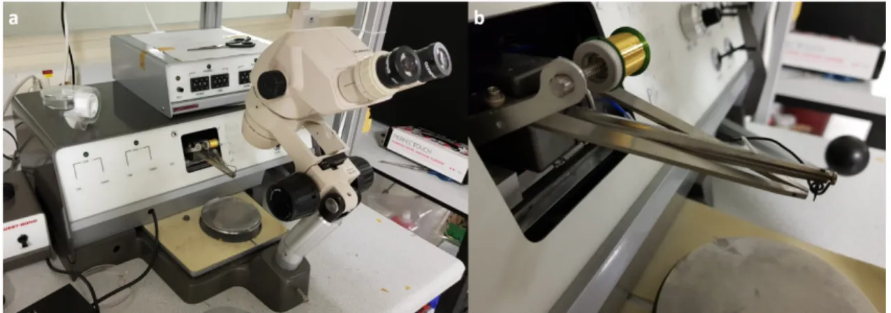 Figure 2.7: WestBond branded wire bonder. a) A general view of the wire bonder.