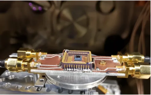 Figure 3.1: Device PCB is mounted in the SEM chamber and feedthrough con- con-nections were made.