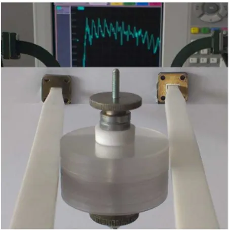 Figure 1. Setup for the measurement of S 21 signal from a whispering- whispering-gallery-mode resonator made as a stack of thin cylindrical disks.