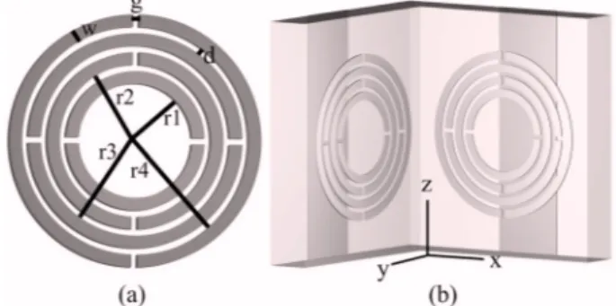 Fig. 1. (a) Labyrinth structure: r1 = 1.35 mm, r2 = 1.8 mm, r3 = 2.25 mm, r4 = 2.7 mm, g = 0.15 mm, w = 0.3 mm, and d